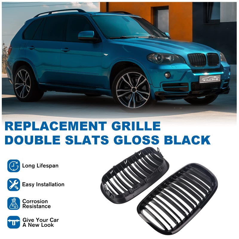 BILLDIO Front Bumper Kidney Grille Grill Glossy Black Compatible with 2007-2014 BMW X5 E70 X6 E71 Dual Slat Double Line - Image 2